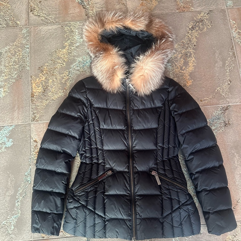 Dawn Levy Black Puffer Coat with Tan Faux Fur Hood